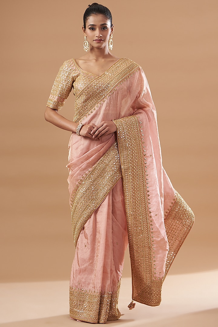 Peach Pure Tissue Embroidered Saree Set by SURBHI SHAH