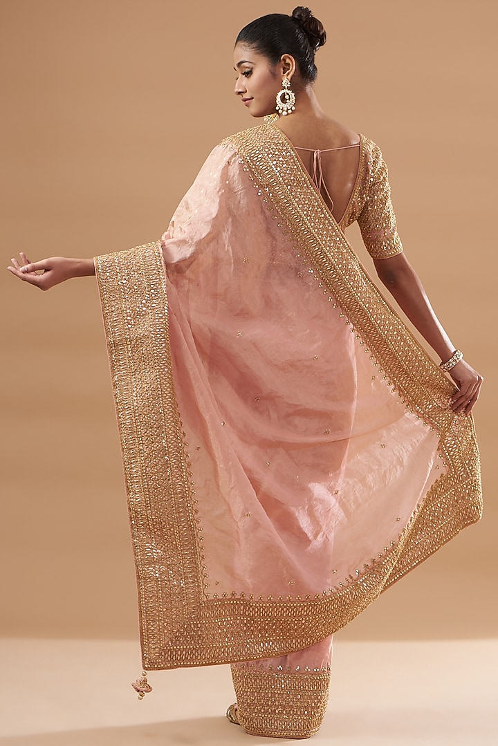 Peach Pure Tissue Embroidered Reception Saree Set by SURBHI SHAH at Pernia's Pop Up Shop
