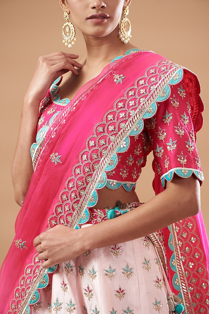 Pink Shaded Pure Spun Silk Embroidered Wedding Lehenga Set by SURBHI SHAH at Pernia's Pop Up Shop
