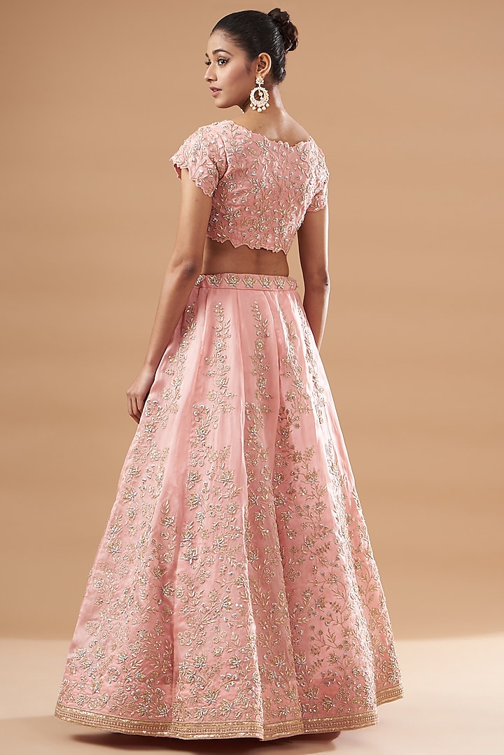 Powder Pink Pure Satin Organza Embroidered Bridal Lehenga Set by SURBHI SHAH at Pernia's Pop Up Shop