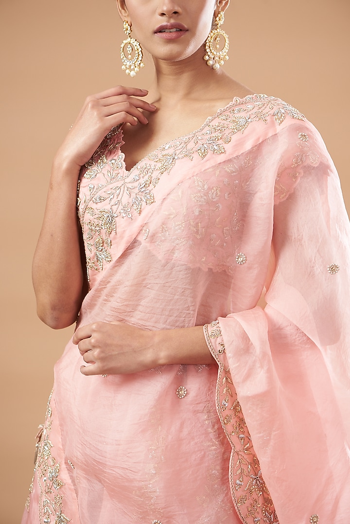 Powder Pink Pure Satin Organza Embroidered Bridal Lehenga Set by SURBHI SHAH at Pernia's Pop Up Shop