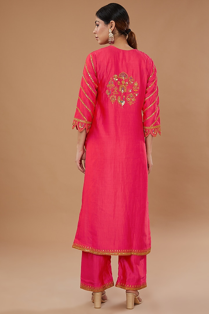 Red Pure Spun Silk Embroidered Kurta Set by SURBHI SHAH at Pernia's Pop Up Shop