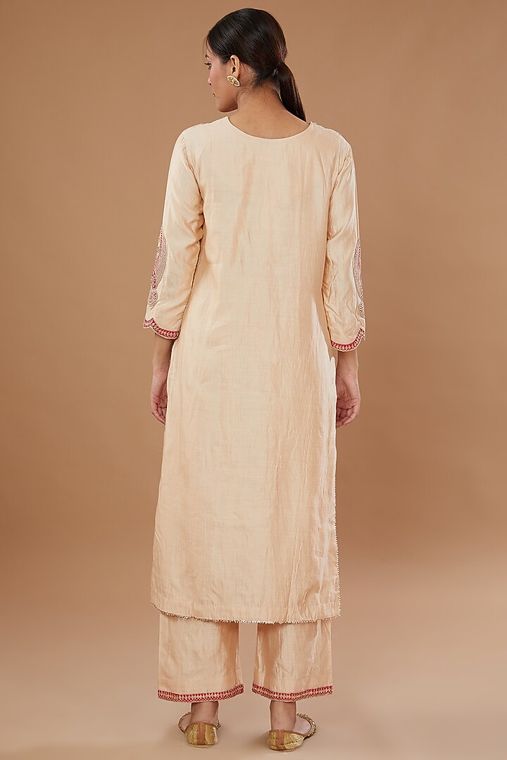 Beige Pure Spun Silk Embroidered Kurta Set by SURBHI SHAH at Pernia's Pop Up Shop