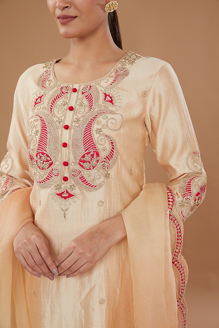 Beige Pure Spun Silk Embroidered Kurta Set by SURBHI SHAH at Pernia's Pop Up Shop