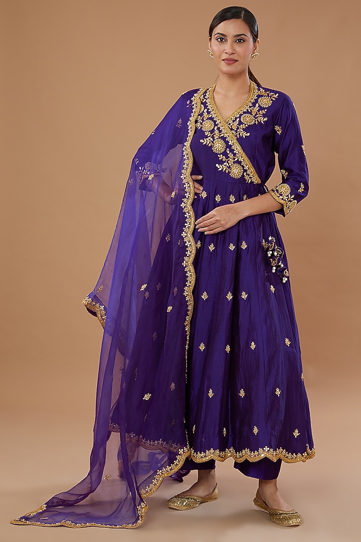 Purple Pure Spun Silk Embroidered Angrakha Set by SURBHI SHAH at Pernia's Pop Up Shop