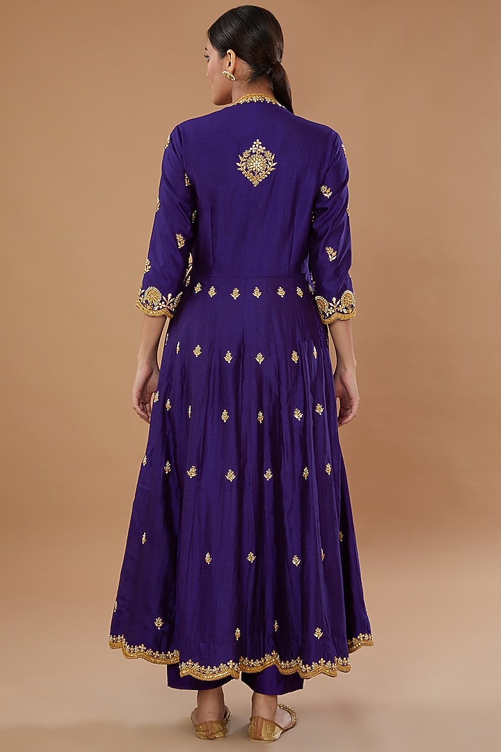 Purple Pure Spun Silk Embroidered Angrakha Set by SURBHI SHAH at Pernia's Pop Up Shop