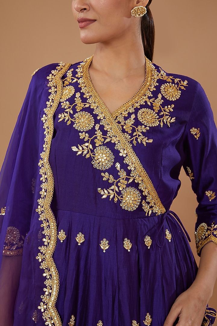Purple Pure Spun Silk Embroidered Angrakha Set by SURBHI SHAH at Pernia's Pop Up Shop