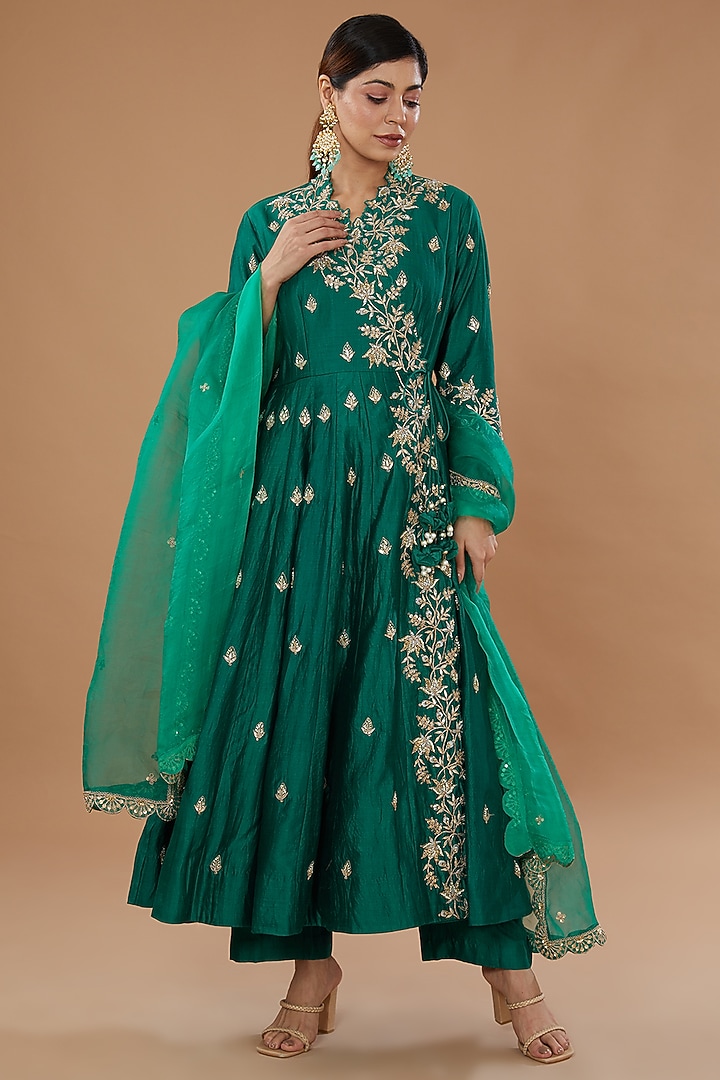 Emerald Green Pure Spun Silk Embroidered Angrakha Set by SURBHI SHAH at Pernia's Pop Up Shop