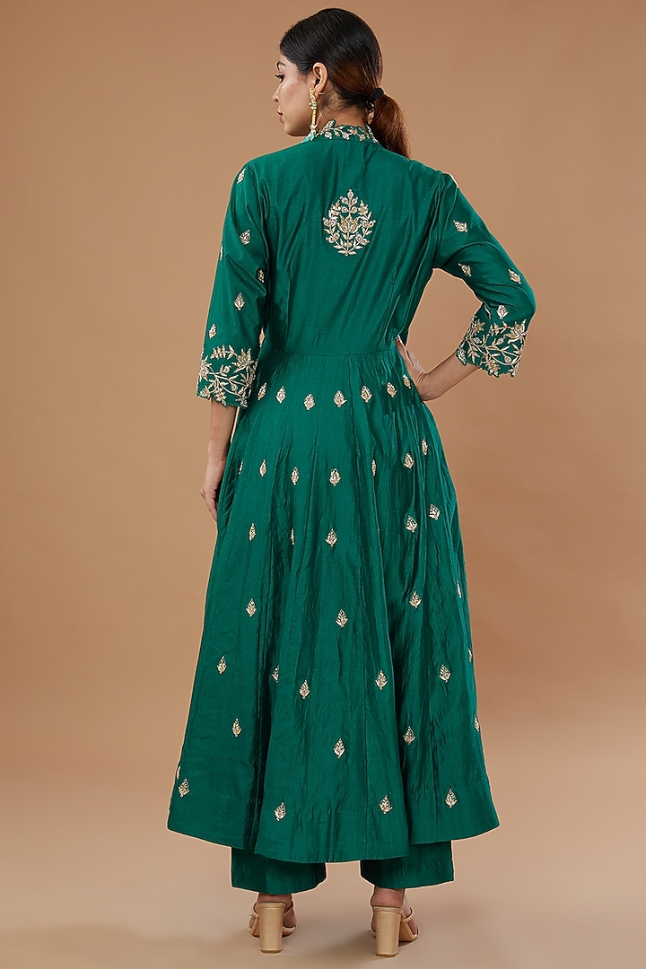 Emerald Green Pure Spun Silk Embroidered Angrakha Set by SURBHI SHAH at Pernia's Pop Up Shop