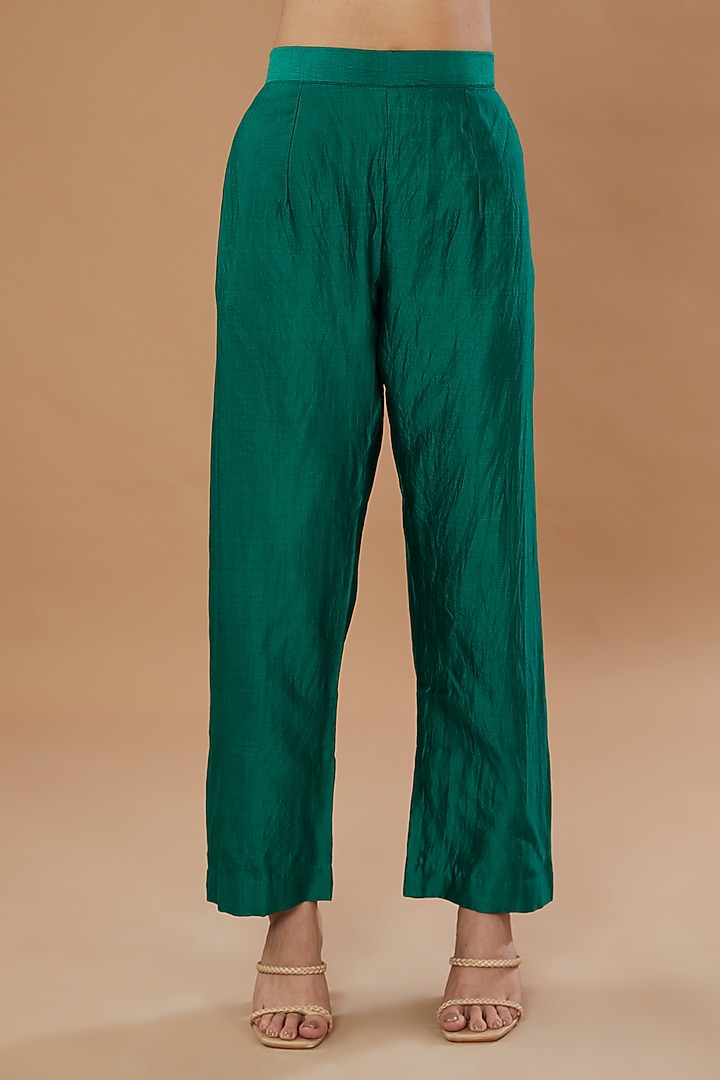 Emerald Green Pure Spun Silk Embroidered Angrakha Set by SURBHI SHAH at Pernia's Pop Up Shop