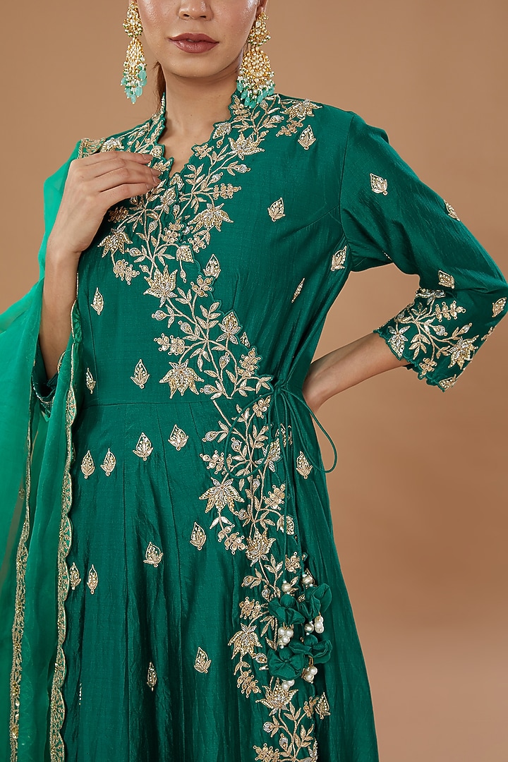 Emerald Green Pure Spun Silk Embroidered Angrakha Set by SURBHI SHAH at Pernia's Pop Up Shop