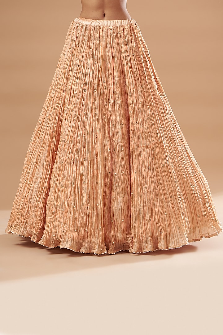 Powder Peach Kora Silk Crush Wedding Lehenga Set by SURBHI SHAH at Pernia's Pop Up Shop