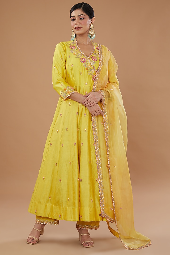 Yellow Pure Spun Silk Embroidered Angrakha Set by SURBHI SHAH at Pernia's Pop Up Shop