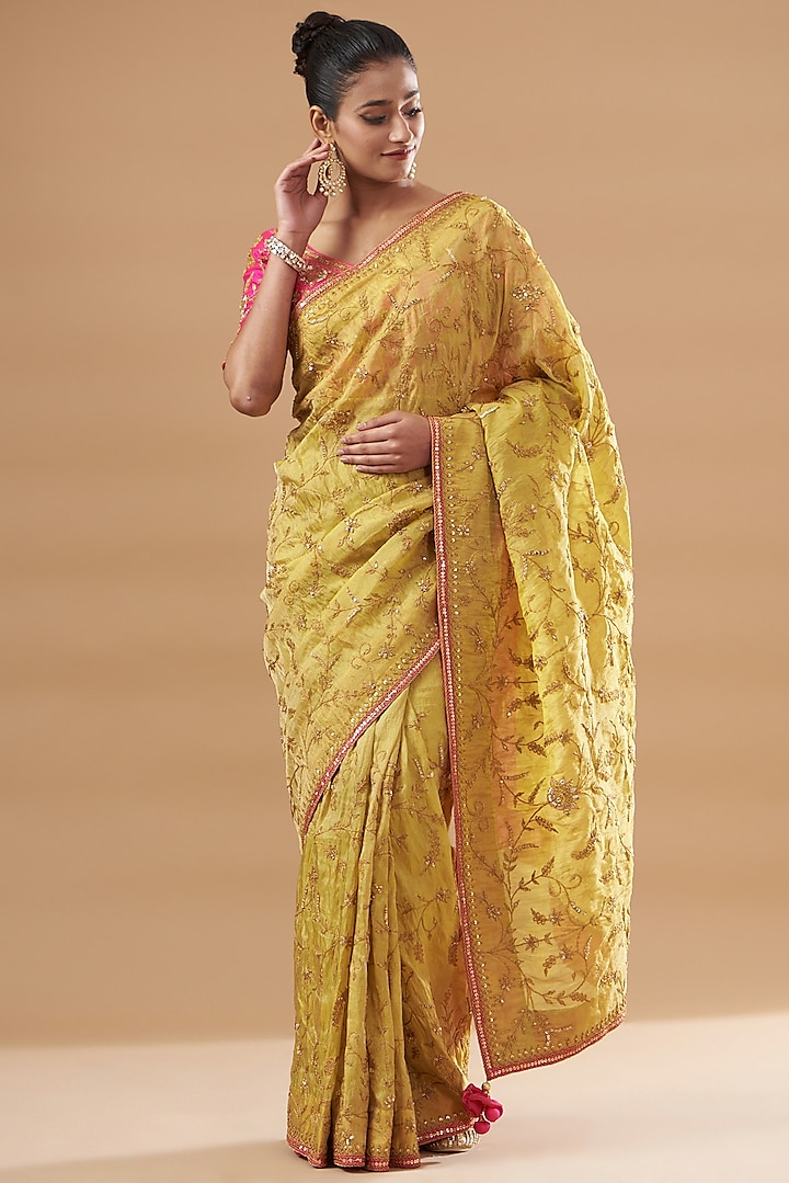 Yellow Pure Tissue Embroidered Saree Set by SURBHI SHAH