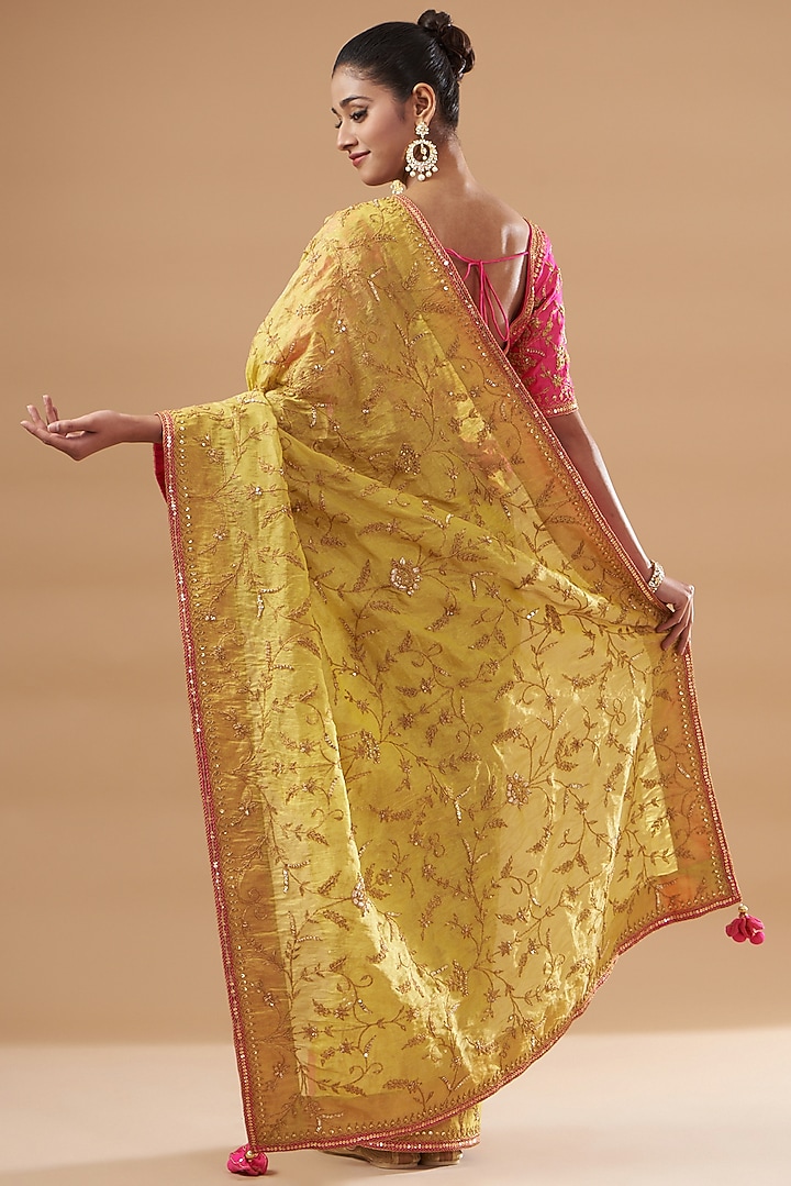 Yellow Pure Tissue Embroidered Reception Saree Set by SURBHI SHAH at Pernia's Pop Up Shop