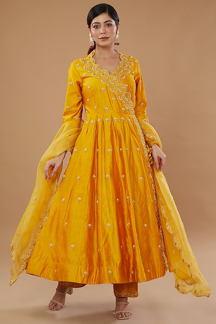 Yellow Pure Spun Silk Embroidered Angrakha Set by SURBHI SHAH at Pernia's Pop Up Shop