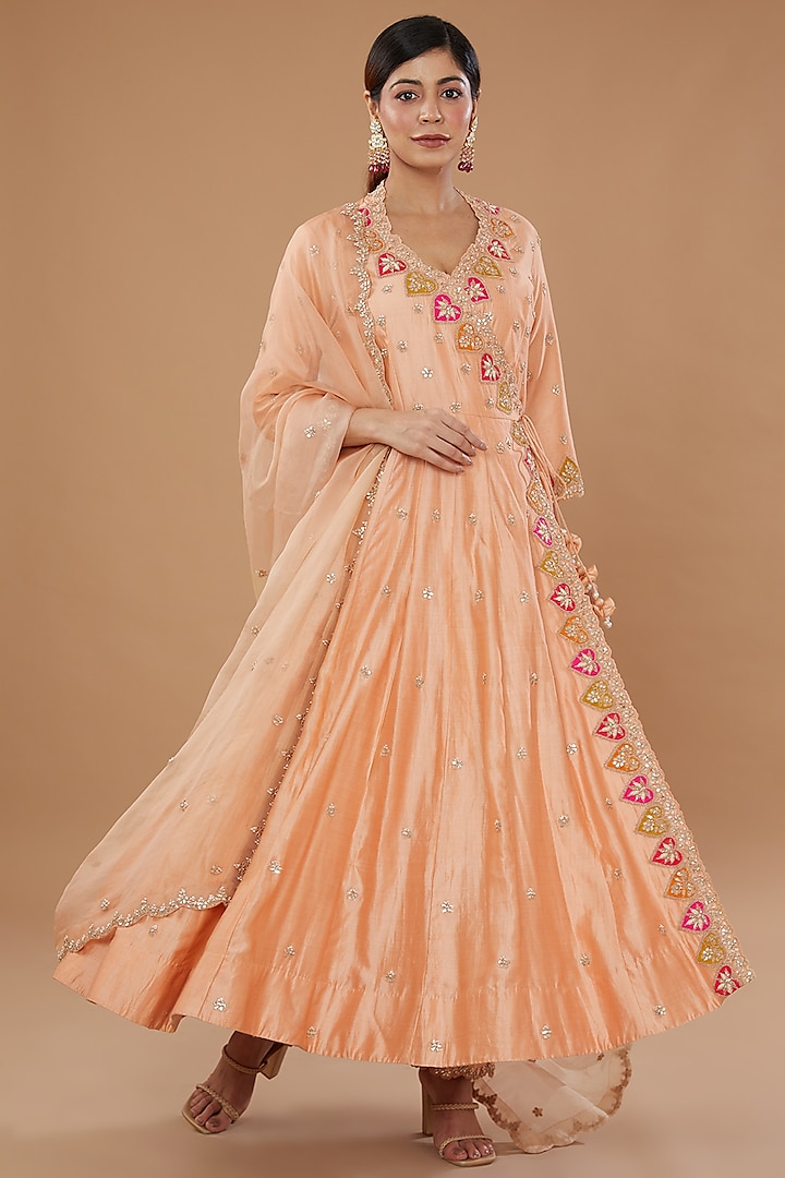 Powder Peach Pure Spun Silk Embroidered Angrakha Set by SURBHI SHAH at Pernia's Pop Up Shop