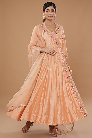 Powder Peach Pure Spun Silk Embroidered Angrakha Set by SURBHI SHAH