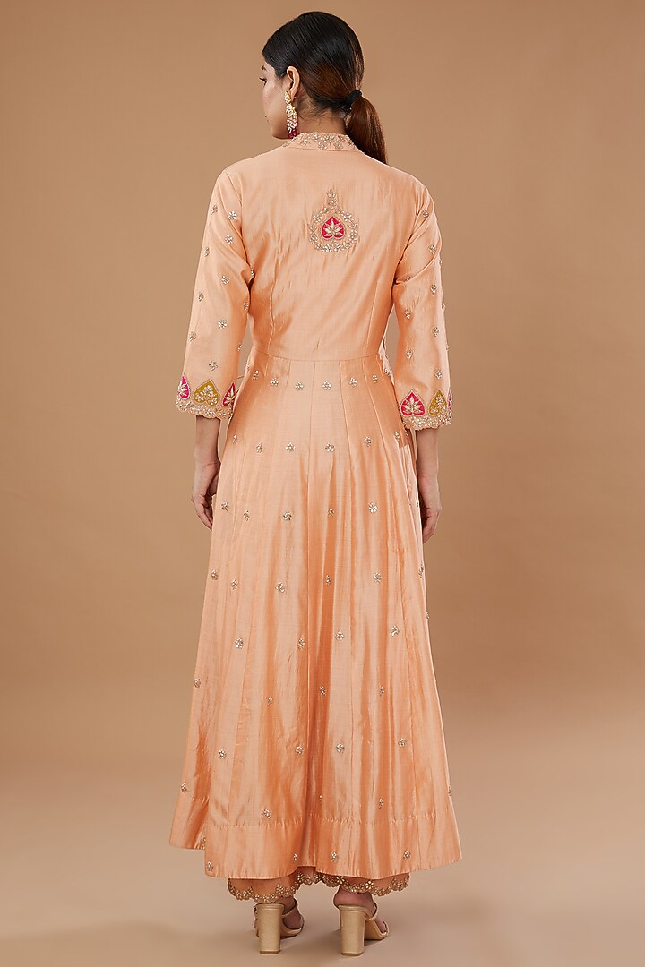 Powder Peach Pure Spun Silk Embroidered Angrakha Set by SURBHI SHAH at Pernia's Pop Up Shop