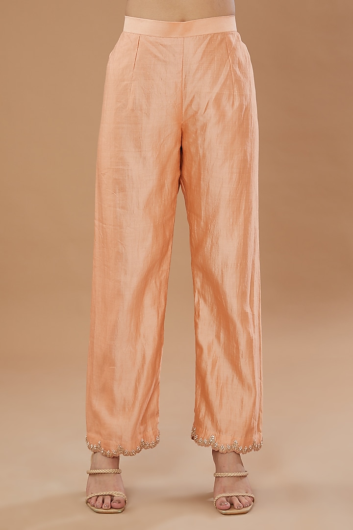Powder Peach Pure Spun Silk Embroidered Angrakha Set by SURBHI SHAH at Pernia's Pop Up Shop