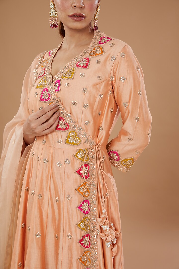 Powder Peach Pure Spun Silk Embroidered Angrakha Set by SURBHI SHAH at Pernia's Pop Up Shop