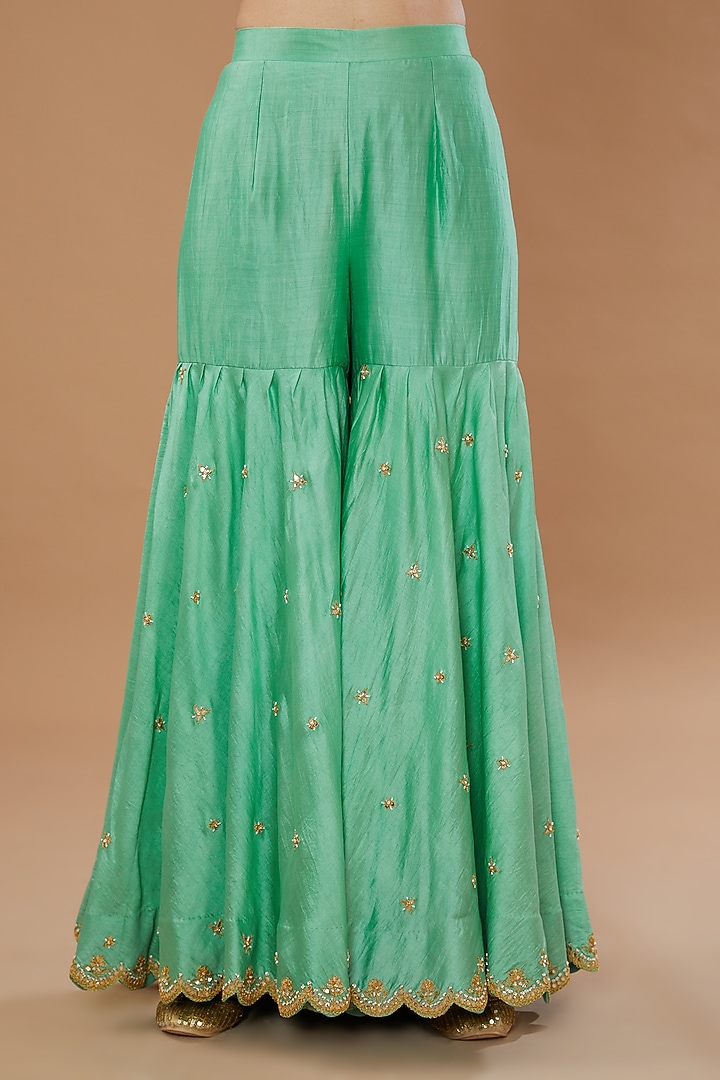 Blue Pure Spun Silk Embroidered Gharara Set by SURBHI SHAH at Pernia's Pop Up Shop