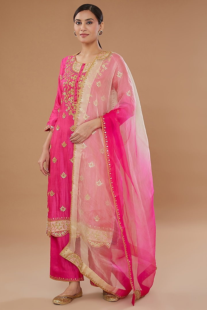Strawberry Pink Pure Spun Silk Embroidered Kurta Set by SURBHI SHAH at Pernia's Pop Up Shop