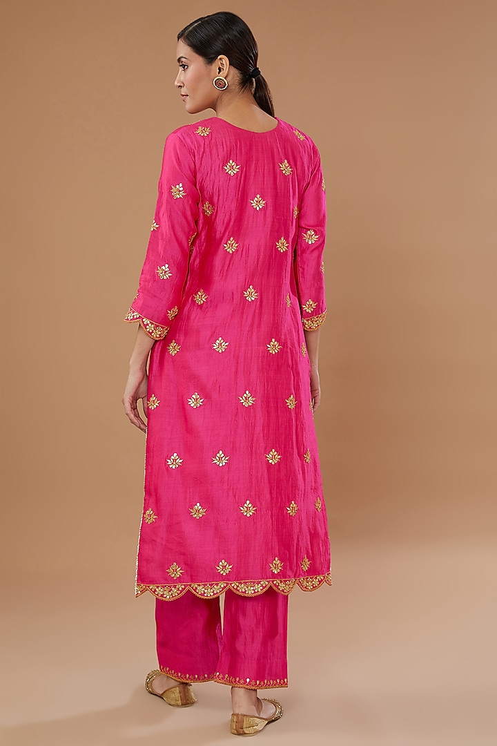 Strawberry Pink Pure Spun Silk Embroidered Kurta Set by SURBHI SHAH at Pernia's Pop Up Shop