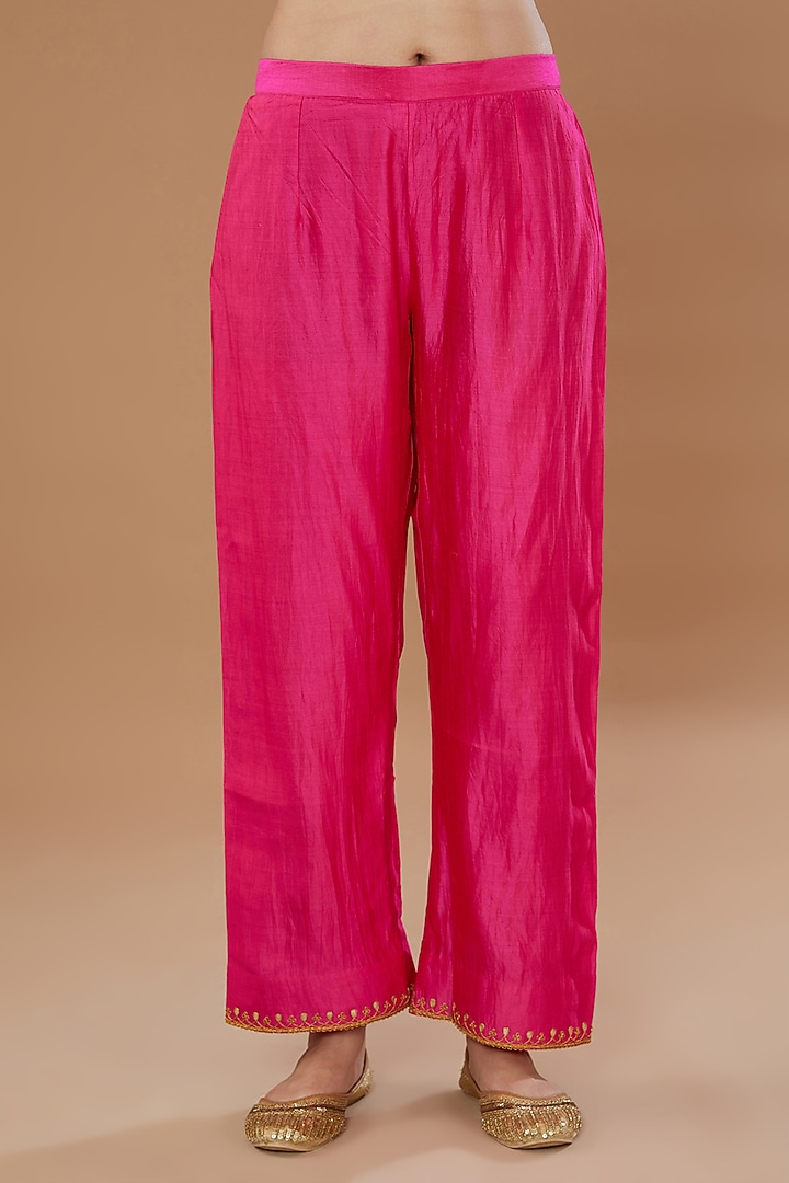Strawberry Pink Pure Spun Silk Embroidered Kurta Set by SURBHI SHAH at Pernia's Pop Up Shop