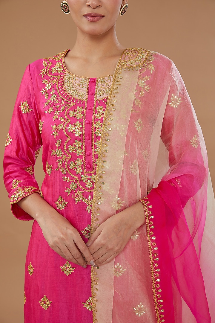 Strawberry Pink Pure Spun Silk Embroidered Kurta Set by SURBHI SHAH at Pernia's Pop Up Shop