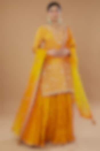 Mustard Yellow Pure Spun Silk Bandhej Skirt Set by SURBHI SHAH at Pernia's Pop Up Shop