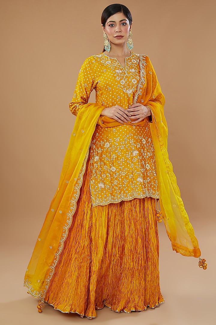 Mustard Yellow Pure Spun Silk Bandhej Skirt Set by SURBHI SHAH at Pernia's Pop Up Shop