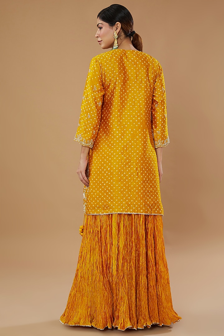 Mustard Yellow Pure Spun Silk Bandhej Skirt Set by SURBHI SHAH at Pernia's Pop Up Shop