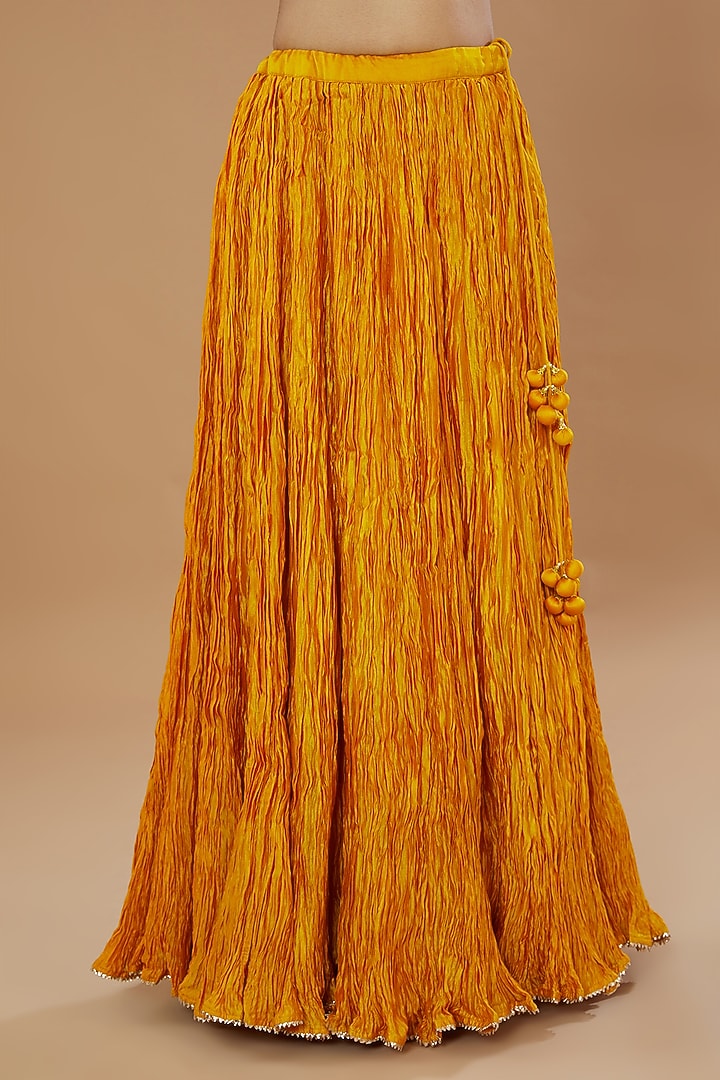 Mustard Yellow Pure Spun Silk Bandhej Skirt Set by SURBHI SHAH at Pernia's Pop Up Shop