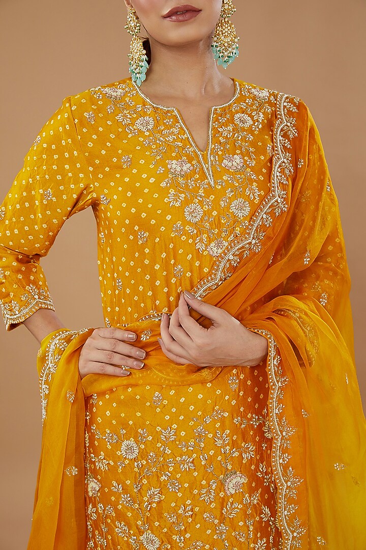Mustard Yellow Pure Spun Silk Bandhej Skirt Set by SURBHI SHAH at Pernia's Pop Up Shop