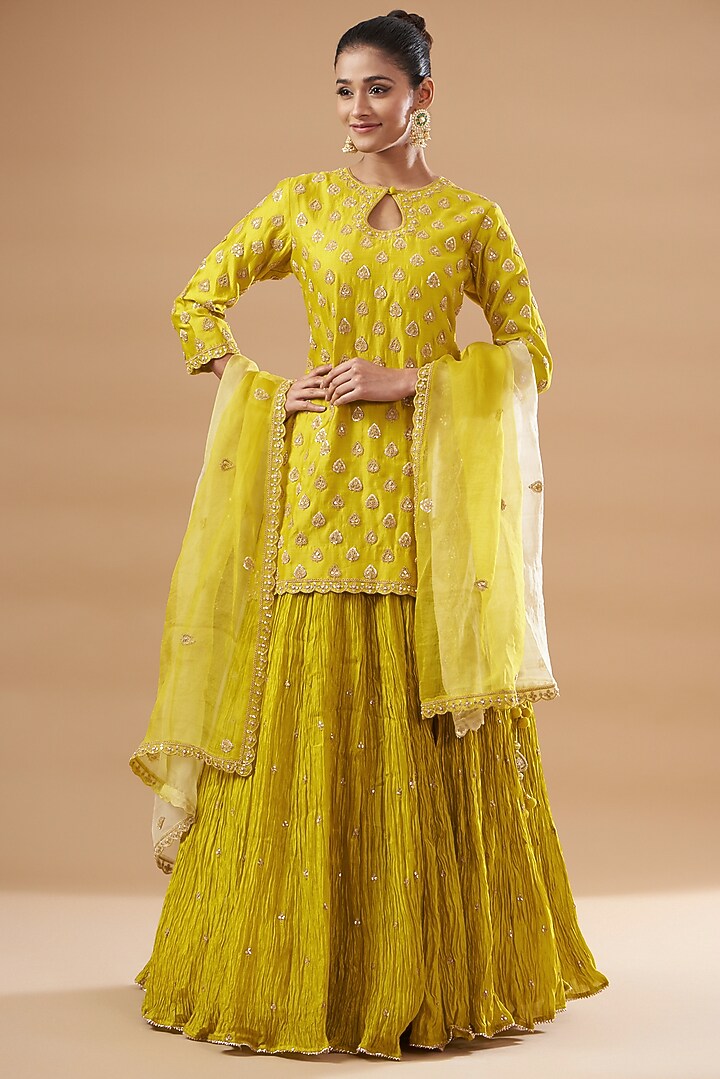 Greenish-Yellow Kora Silk Crush Wedding Lehenga Set by SURBHI SHAH at Pernia's Pop Up Shop