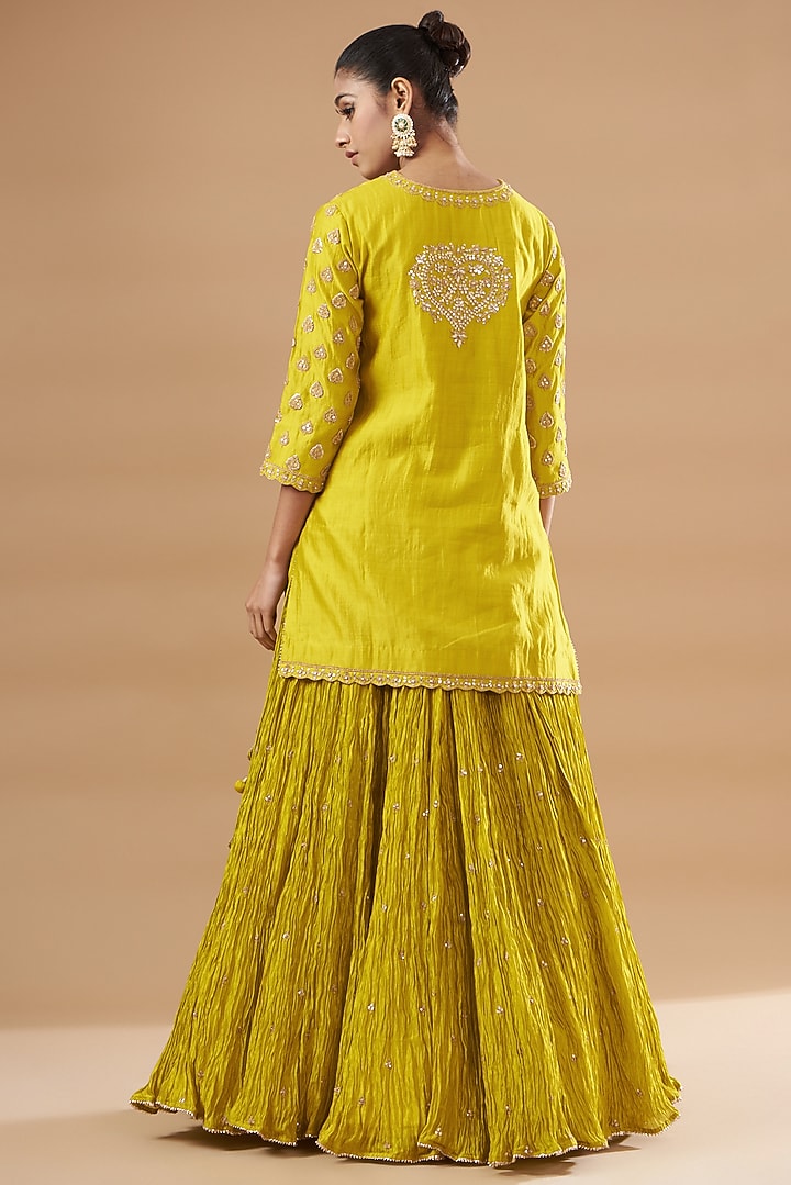 Greenish-Yellow Kora Silk Crush Wedding Lehenga Set by SURBHI SHAH at Pernia's Pop Up Shop