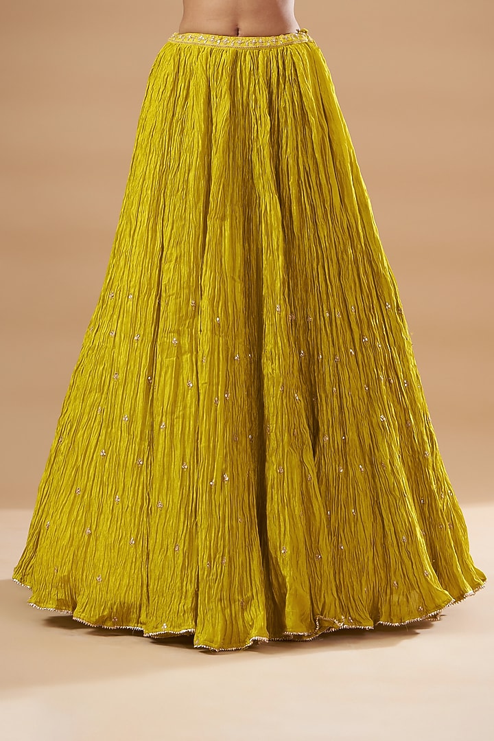 Greenish-Yellow Kora Silk Crush Wedding Lehenga Set by SURBHI SHAH at Pernia's Pop Up Shop