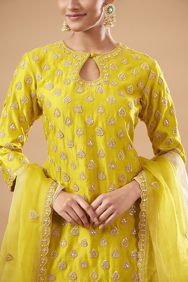 Greenish-Yellow Kora Silk Crush Wedding Lehenga Set by SURBHI SHAH at Pernia's Pop Up Shop