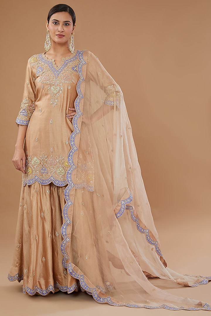 Beige Pure Spun Silk Embroidered Gharara Set by SURBHI SHAH at Pernia's Pop Up Shop