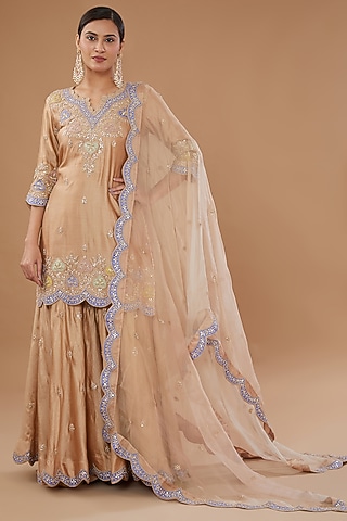 Beige Pure Spun Silk Embroidered Gharara Set by SURBHI SHAH