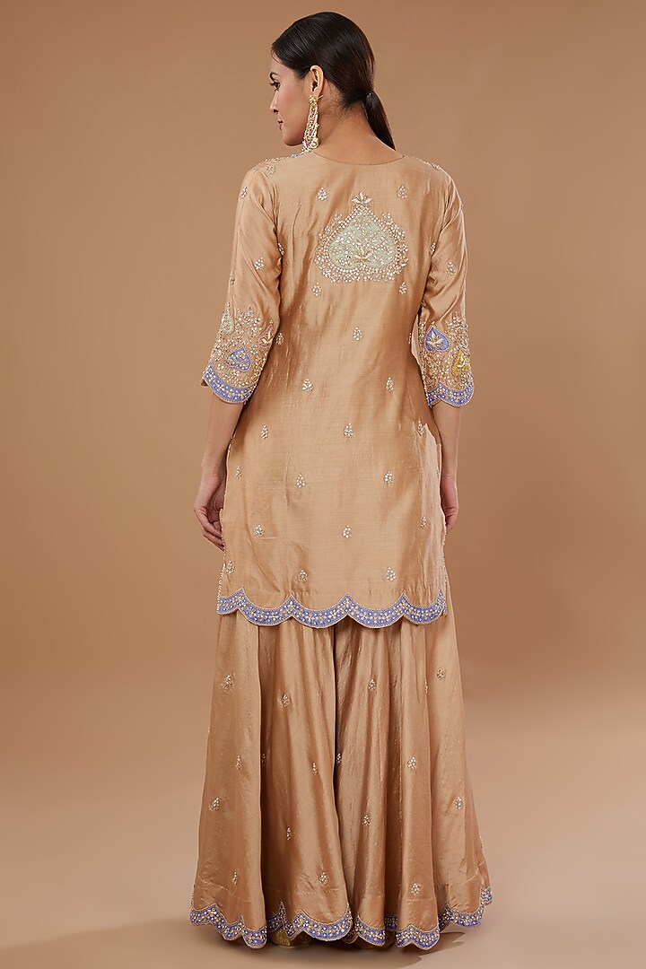 Beige Pure Spun Silk Embroidered Gharara Set by SURBHI SHAH at Pernia's Pop Up Shop