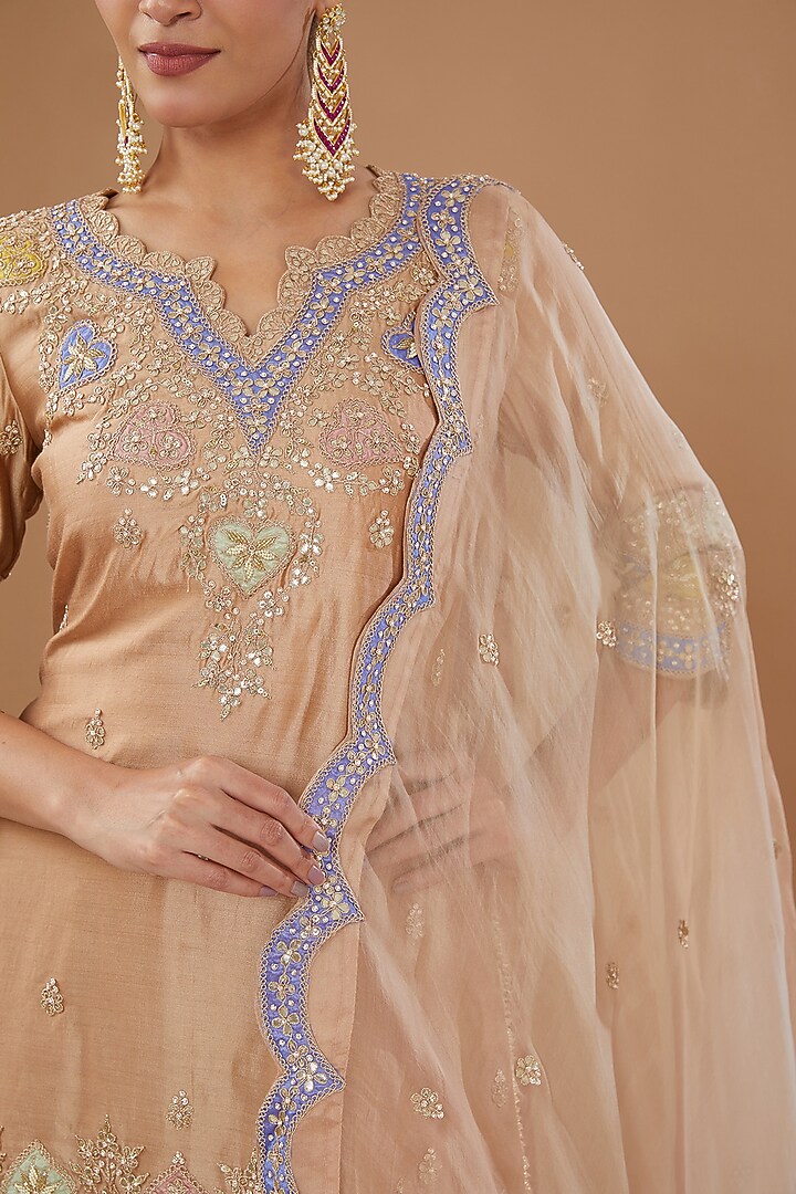 Beige Pure Spun Silk Embroidered Gharara Set by SURBHI SHAH at Pernia's Pop Up Shop