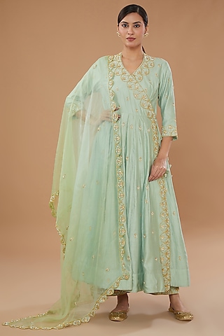 Powder Blue Pure Spun Silk Hand Embroidered Angrakha Set by SURBHI SHAH