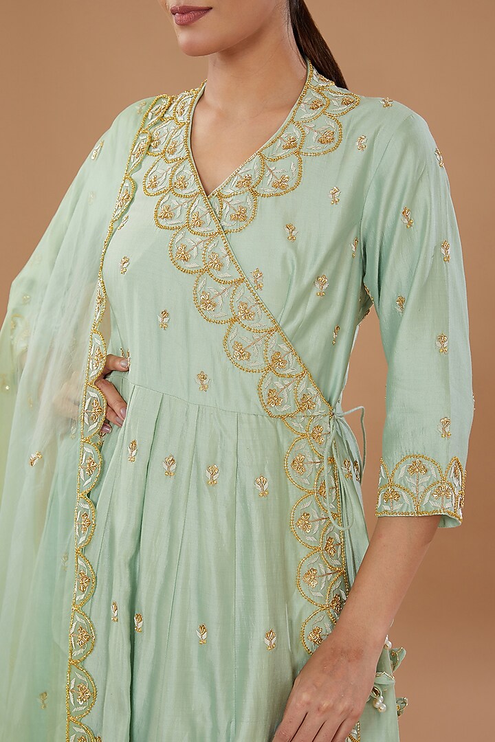 Powder Blue Pure Spun Silk Hand Embroidered Angrakha Set by SURBHI SHAH at Pernia's Pop Up Shop