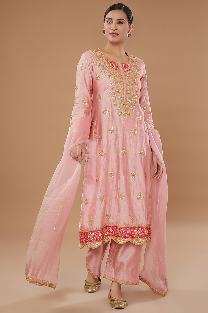 Pink Pure Spun Silk Embroidered Kurta Set by SURBHI SHAH at Pernia's Pop Up Shop