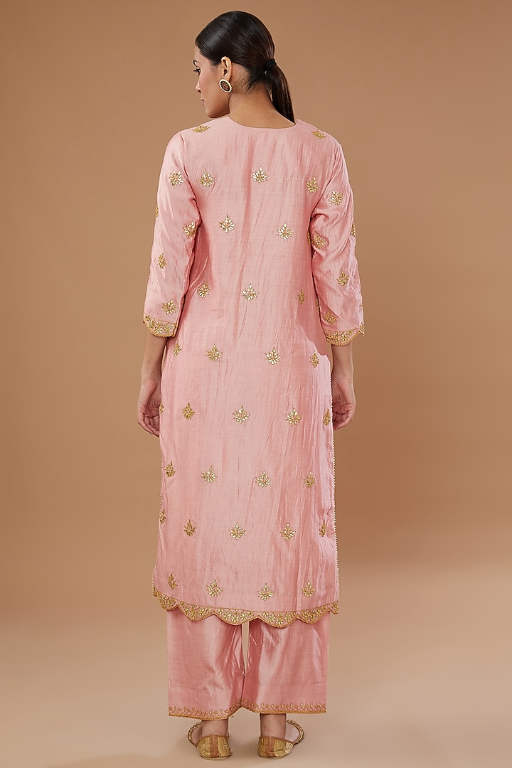 Pink Pure Spun Silk Embroidered Kurta Set by SURBHI SHAH at Pernia's Pop Up Shop