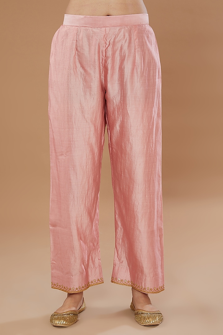 Pink Pure Spun Silk Embroidered Kurta Set by SURBHI SHAH at Pernia's Pop Up Shop