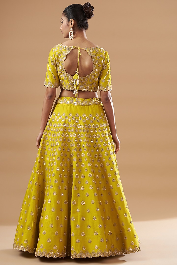 Greenish-Yellow Pure Satin Organza Embroidered Bridal Lehenga Set by SURBHI SHAH at Pernia's Pop Up Shop