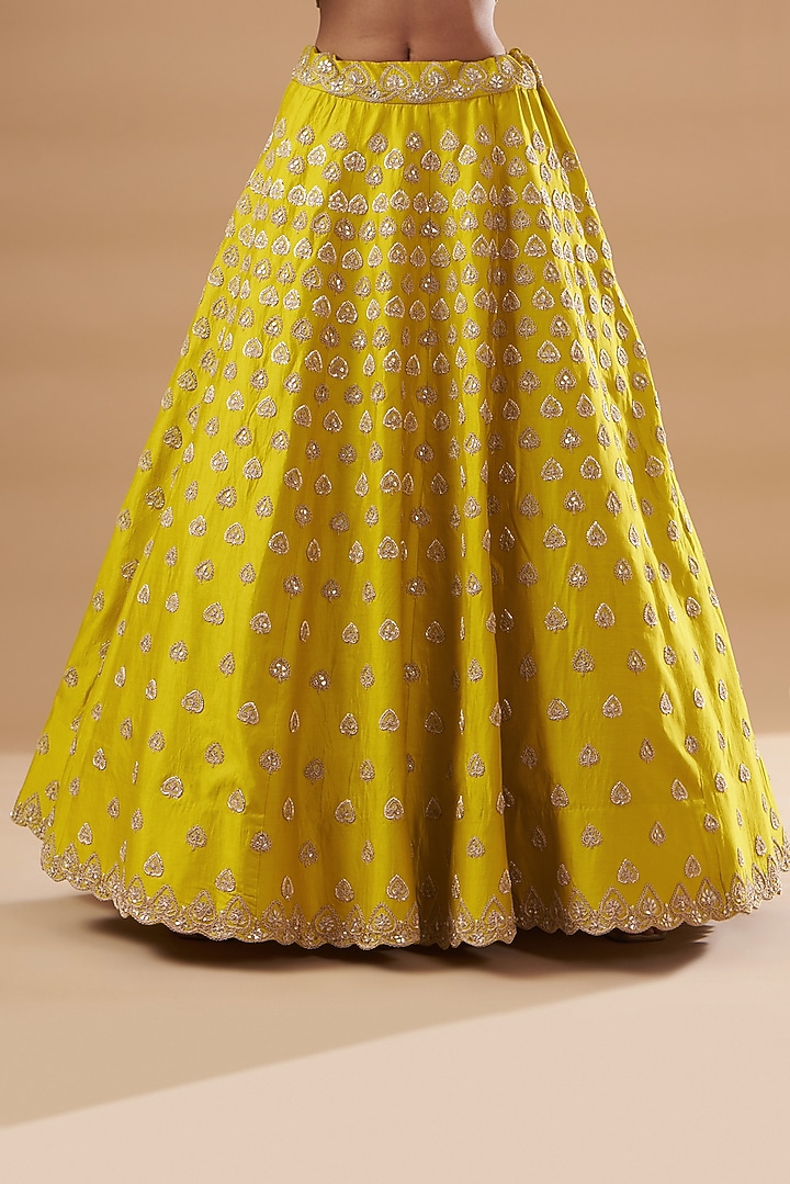 Greenish-Yellow Pure Satin Organza Embroidered Bridal Lehenga Set by SURBHI SHAH at Pernia's Pop Up Shop